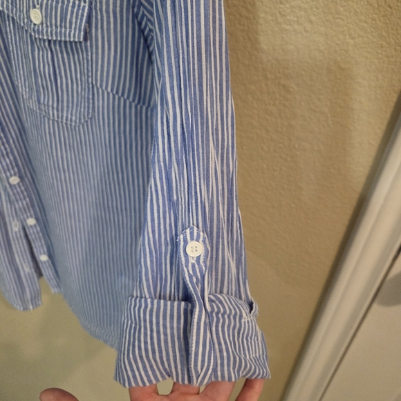 Love Tree Women Blue White Striped Button up Long Sleeve Shirt Size Medium - Picture 4 of 8
